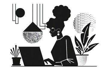 Minimalist black and white illustration of a young woman at her desk with a laptop - modern work and lifestyle - 780716289