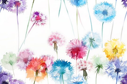 Watercolors of dandelion flowers, seamless pattern tile.