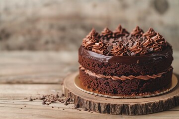 Chocolate cake on blurred wooden background with copy space.