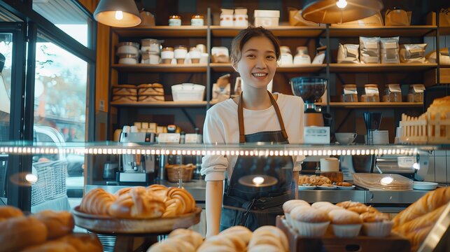 Woman standing behind counter filled with pastries