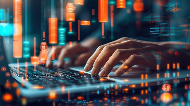 Closeup hands coding on a laptop keyboard, highlighting digital innovation