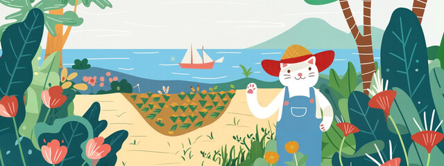 Naklejka premium Funny Fat Smiling White Cat in Straw Hat as Farmer in Children's Book Illustration Style, Concept For Kids Decor, Poster, Card, Background, Banner