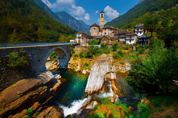 Traditional stone houses and a Church in the picturesque Lavertezzo village, Ticino, Switzerland....