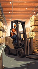 Warehouse worker operates a forklift in a warehouse, illustration of warehouse distribution center