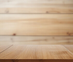 Wooden board empty table in front of blurred natural.