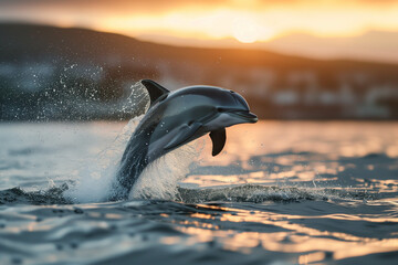 Playful dolphins jump out of the blue ocean. - obrazy, fototapety, plakaty