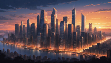 Illustration of a bustling city skyline at dusk, with skyscrapers illuminated by the warm glow of the setting sun. - obrazy, fototapety, plakaty