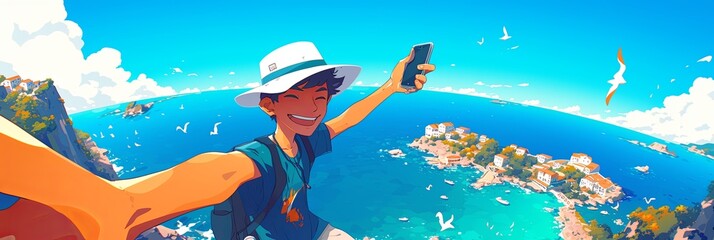 Illustration of a happy young guy taking a selfie on the background of the sea, banner - obrazy, fototapety, plakaty