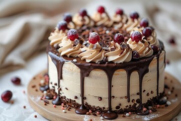 Chocolate cake decorated with cream and cherries.