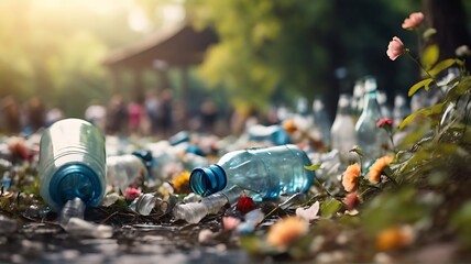 Garbage plastic water bottles and champagne on a park bench Surrounded by lush greenery Concert in the garden