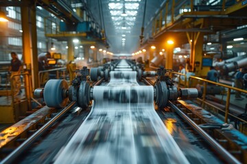 Image showcases the industrial process with steel coils in motion on a conveyor system in a manufacturing plant - obrazy, fototapety, plakaty