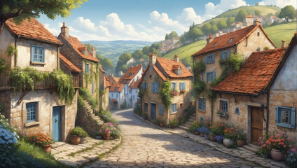 Fototapeta na wymiar Illustration of a charming European village nestled among rolling hills, with cobblestone streets and quaint cottages.