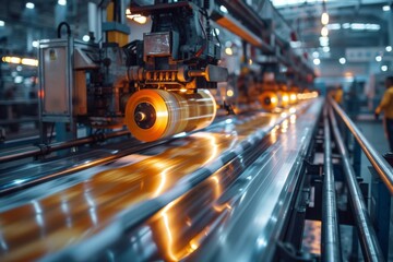 Fototapeta premium The image depicts machinery processing glowing molten steel in a production line within a factory setting
