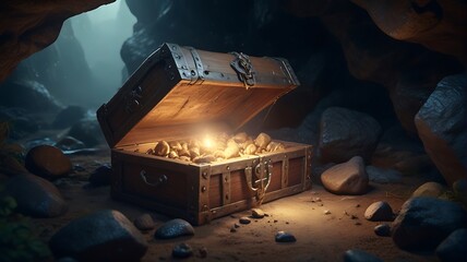 In the pirate cave, there is an ancient wooden chest filled with gold coins and treasure on a white background.