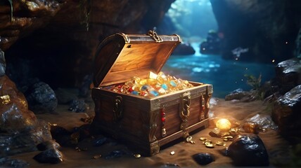 In the pirate cave, there is an ancient wooden chest filled with gold coins and treasure on a white background. - obrazy, fototapety, plakaty