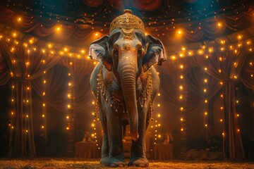 A majestic elephant bedecked in ornate ceremonial garb stands proudly under a circus tent, exuding a sense of grandeur and tradition
