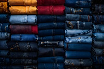 Topdown view of stacked jeans in a factory setting. Concept Textile Industry, Manufacturing Process, Stacked Jeans, Topdown Perspective, Factory Setting - obrazy, fototapety, plakaty