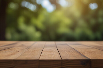 Wooden board empty table in front of blurred natural.