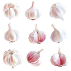 Various garlic varieties on transparent background showcase natural beauty