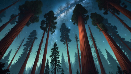 Illustration of a mystical forest with towering redwood trees, their branches reaching towards the starry night sky.