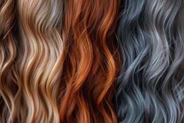 Multi-colored array of wavy hair extensions, from blonde to silver - obrazy, fototapety, plakaty