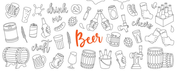 Beer outline set. Wooden barrels, cans, mugs, metal keg, bottle opener, sausages, tap, hop cone. Brewing process, brewery factory production.
