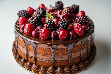 Glazed chocolate cake decorated with berries on white background.