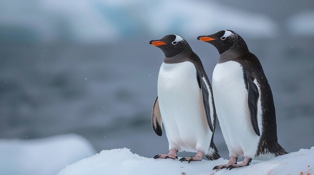 Penguins on a melting icecap discussing relocation plans, chilly summit isolate on soft color background