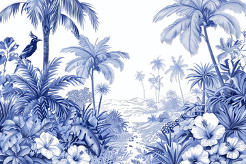 Fototapeta na wymiar Blue and white jungle coloring book drawing created with blue ink in line art style on a white background with flowers and palm trees done in a blue color palette