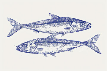 Hand drawn sardines in blue pencil on a white background and space for text, design for interior