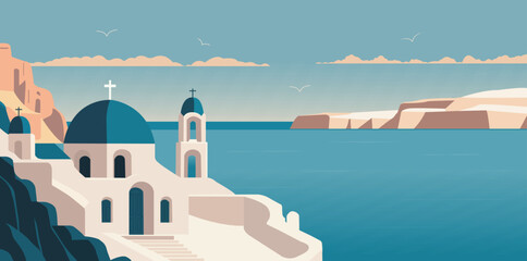 Santorini Island, Greek. Beautiful greece landscape travel background postcard. Santorini illustration landscape design. Vector stock - obrazy, fototapety, plakaty