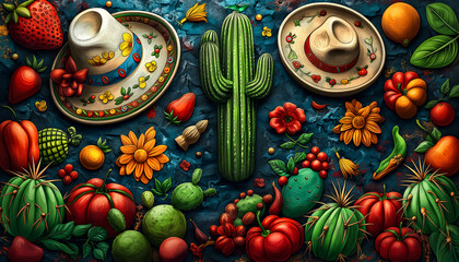 Cinco De Mayo concept with a cactus, food and a sombrero. Mexican holiday traditions, colors mexican flag.