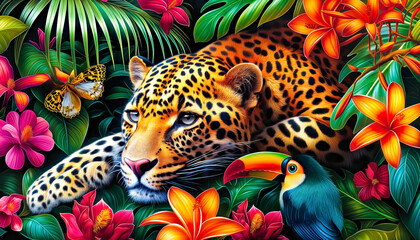 Obraz premium A colorful jungle scene with a leopard laying down. Concept of peace and tranquility in the midst of nature