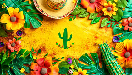 Cinco De Mayo concept with a cactus and a sombrero. Mexican holiday traditions, colors mexican flag.