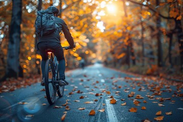 A cyclist enjoys an autumn ride on a pathway covered with fallen leaves, the sun creating a warm, inviting glow through the trees