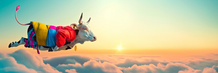 A humorous and surreal depiction of a cow wearing a colorful skydiving suit, floating mid-air amidst fluffy clouds, invoking whimsy and adventure