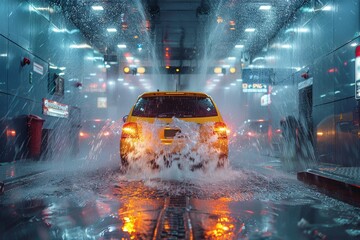 A vibrant scene capturing a yellow taxi being sprayed with water inside a modern car wash facility