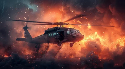 Foto op Plexiglas A combat medic helicopter landing under fire to evacuate casualties, emphasizing urgency and heroism © Parinwat Studio