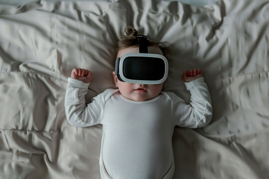 Newborn cute baby is lying in the bed, wearing VR headsets and enjoying virtual reality