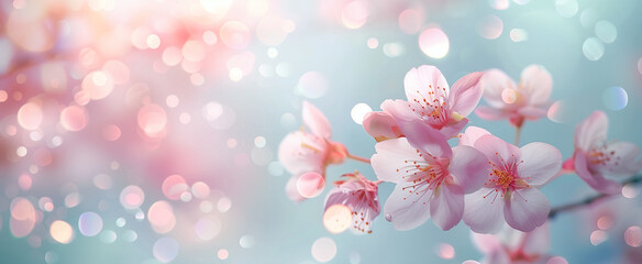 Light blue background with pink cherry blossom petals, blurred background, soft tones, dreamy atmosphere, delicate details, bokeh effect, light and airy feel, pastel colors, elegant style.