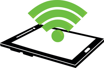 vector illustration icon mobile phone, smartphone or tablet with green wifi symbol, with its frequency waves