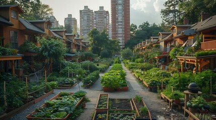 Urban farming community growing organic produce green, skyscraper background, healthy farming