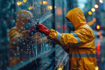A clear image of a worker in yellow raincoat cleaning wet city window on a rainy evening - obrazy, fototapety, plakaty