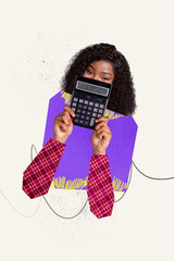 Collage artwork of funny woman worker showing equipment calculating spending isolated on drawing background