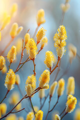 Fototapeta premium Spring background with willow branches in sunlight. Fluffy catkins in the forest on a sunny day. Traditional decoration for Easter and Palm Sunday