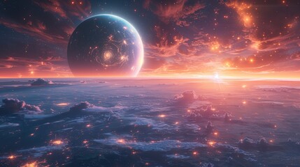 A breathtaking sci-fi scene showcasing a giant planet rising over a serene, icy terrain, bathed in the warm glow of a distant star. Generative AI - obrazy, fototapety, plakaty