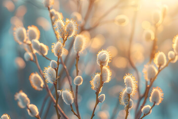 Spring background with willow branches in sunlight. Fluffy catkins in the forest on a sunny day. Traditional decoration for Easter and Palm Sunday - obrazy, fototapety, plakaty