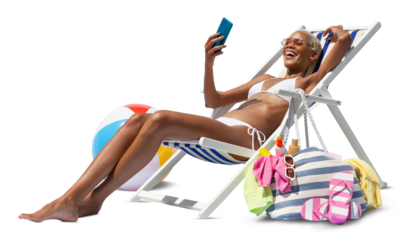 Happy woman at the beach on beach deck chair, sunbathing, uses mobile phone, isolated on white background, concept a summer beach holiday, online shopping, booking travel, and resorts accommodations