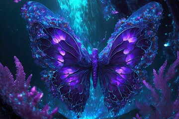 Fototapeta na wymiar Fractal art; purple, black and blue; fractal creates butterfly