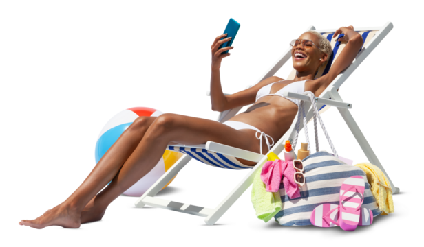 Happy woman at the beach on beach deck chair, sunbathing, uses mobile phone, isolated on white background, concept a summer beach holiday, online shopping, booking travel, and resorts accommodations - Powered by Adobe